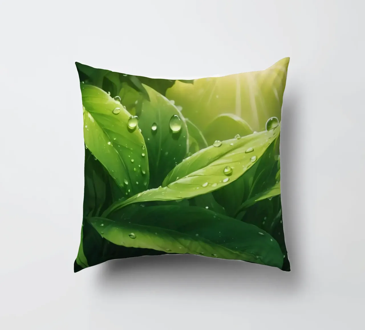 Foglie verdi e rigogliose che scintillano alla luce del sole con gocce d'acqua cuscino da DesignDoodle