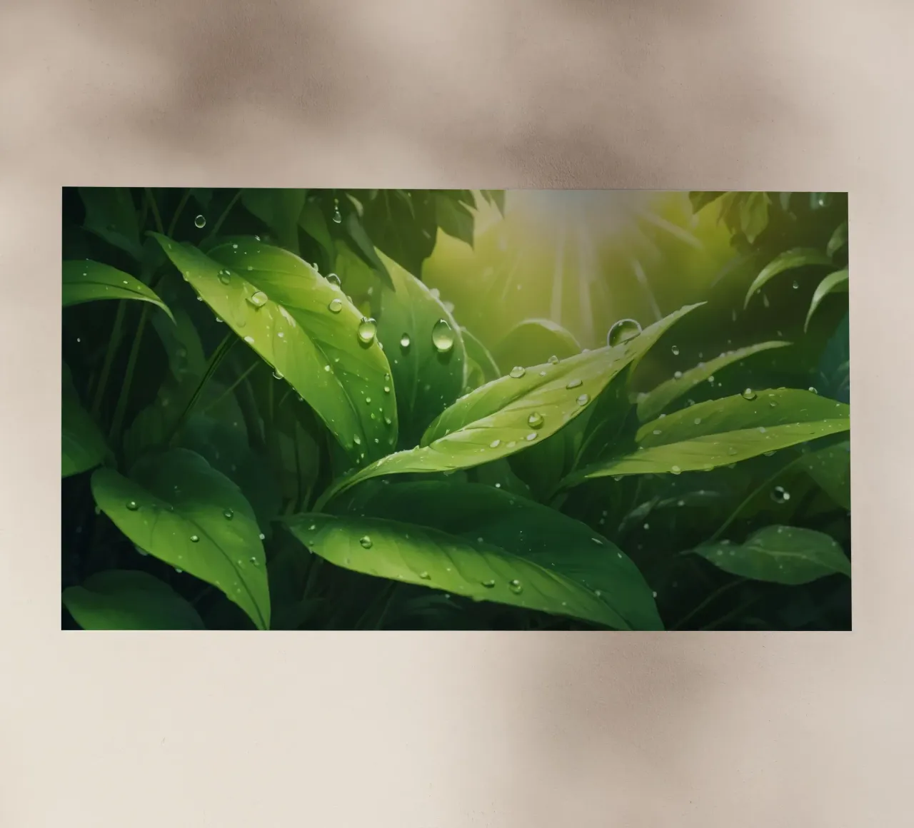 Foglie verdi e rigogliose che scintillano alla luce del sole con gocce d'acqua pellicola backlit da DesignDoodle