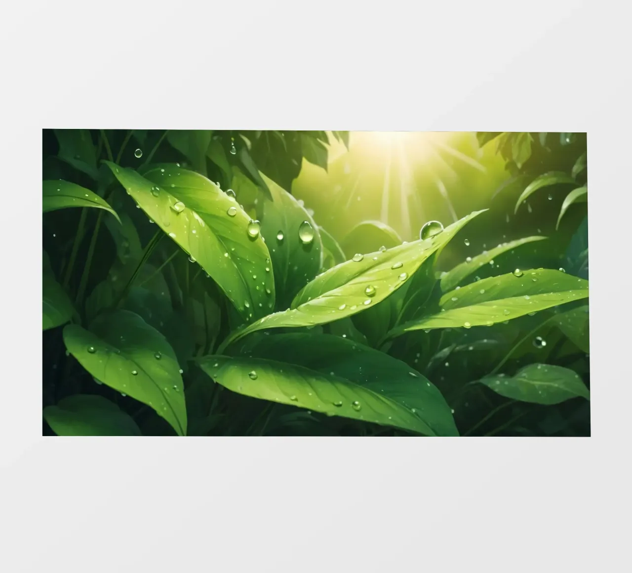 Foglie verdi e rigogliose che scintillano alla luce del sole con gocce d'acqua pellicola backlit da DesignDoodle