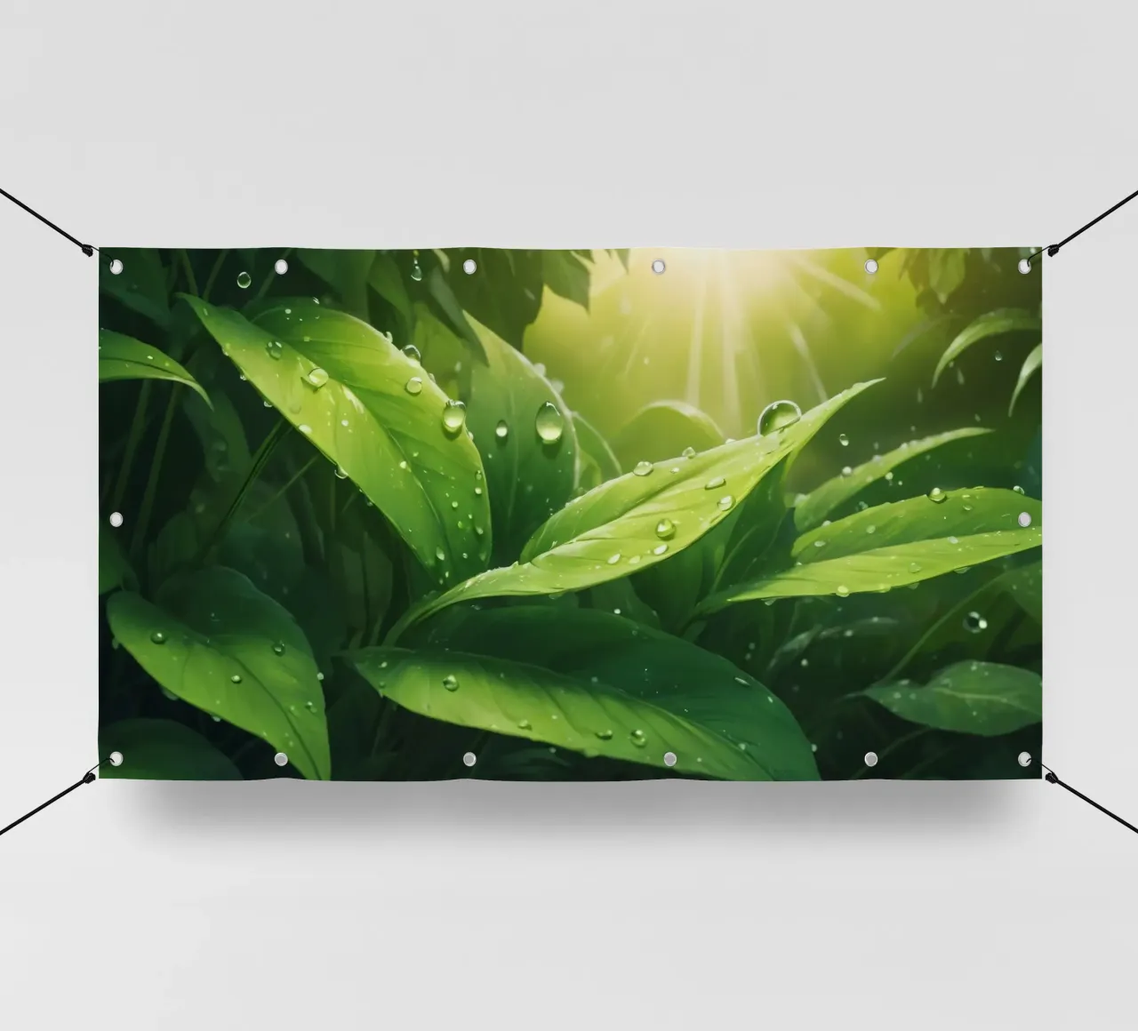 Foglie verdi e rigogliose che scintillano alla luce del sole con gocce d'acqua telo in pvc da DesignDoodle