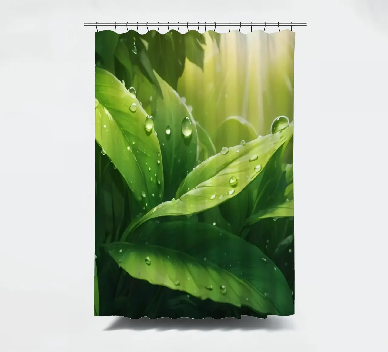 Üppig grüne Blätter, die im Sonnenlicht mit Wassertropfen glitzern Duschvorhang von DesignDoodle