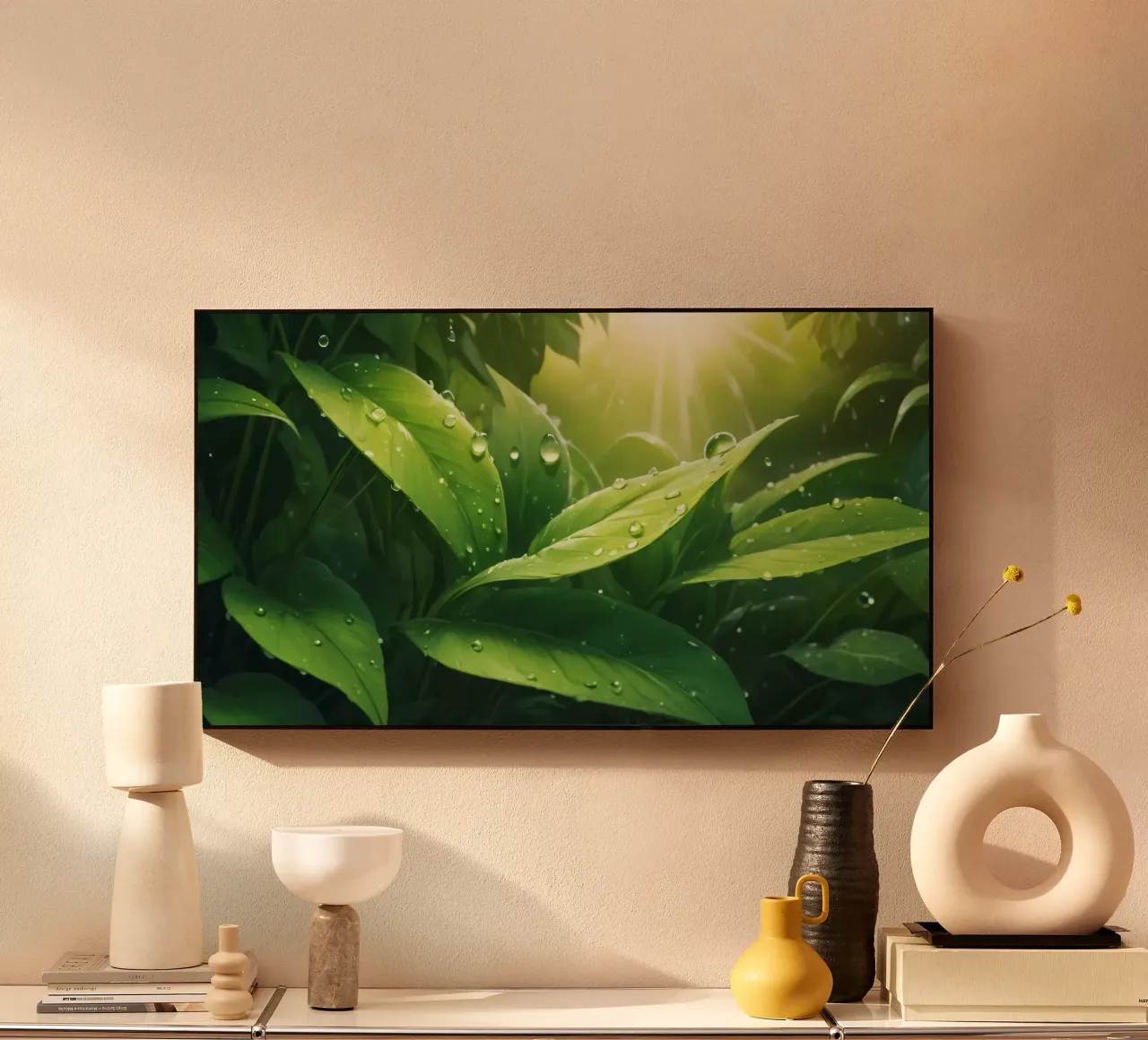 Foglie verdi e rigogliose che scintillano alla luce del sole con gocce d'acqua plexiglass da DesignDoodle