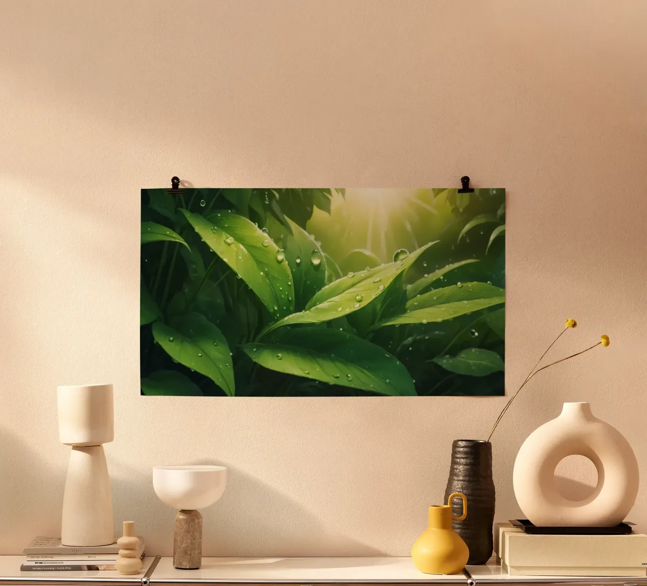 Üppig grüne Blätter, die im Sonnenlicht mit Wassertropfen glitzern Hahnemühle von DesignDoodle