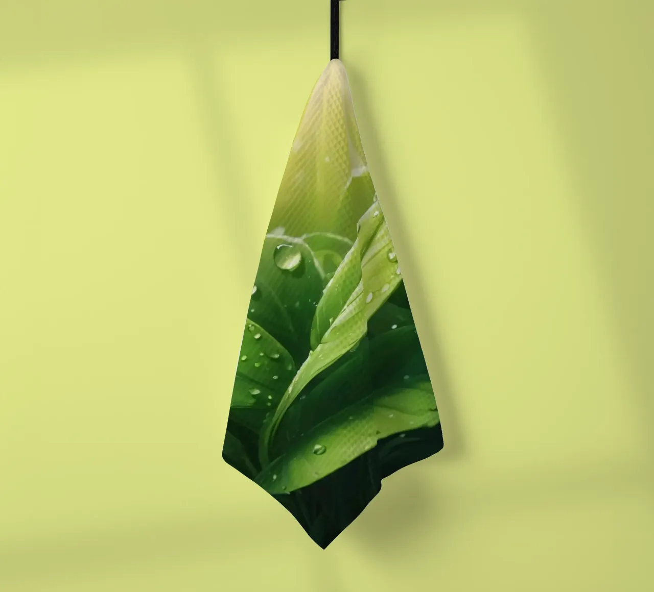 Foglie verdi e rigogliose che scintillano alla luce del sole con gocce d'acqua canovaccio da cucina da DesignDoodle