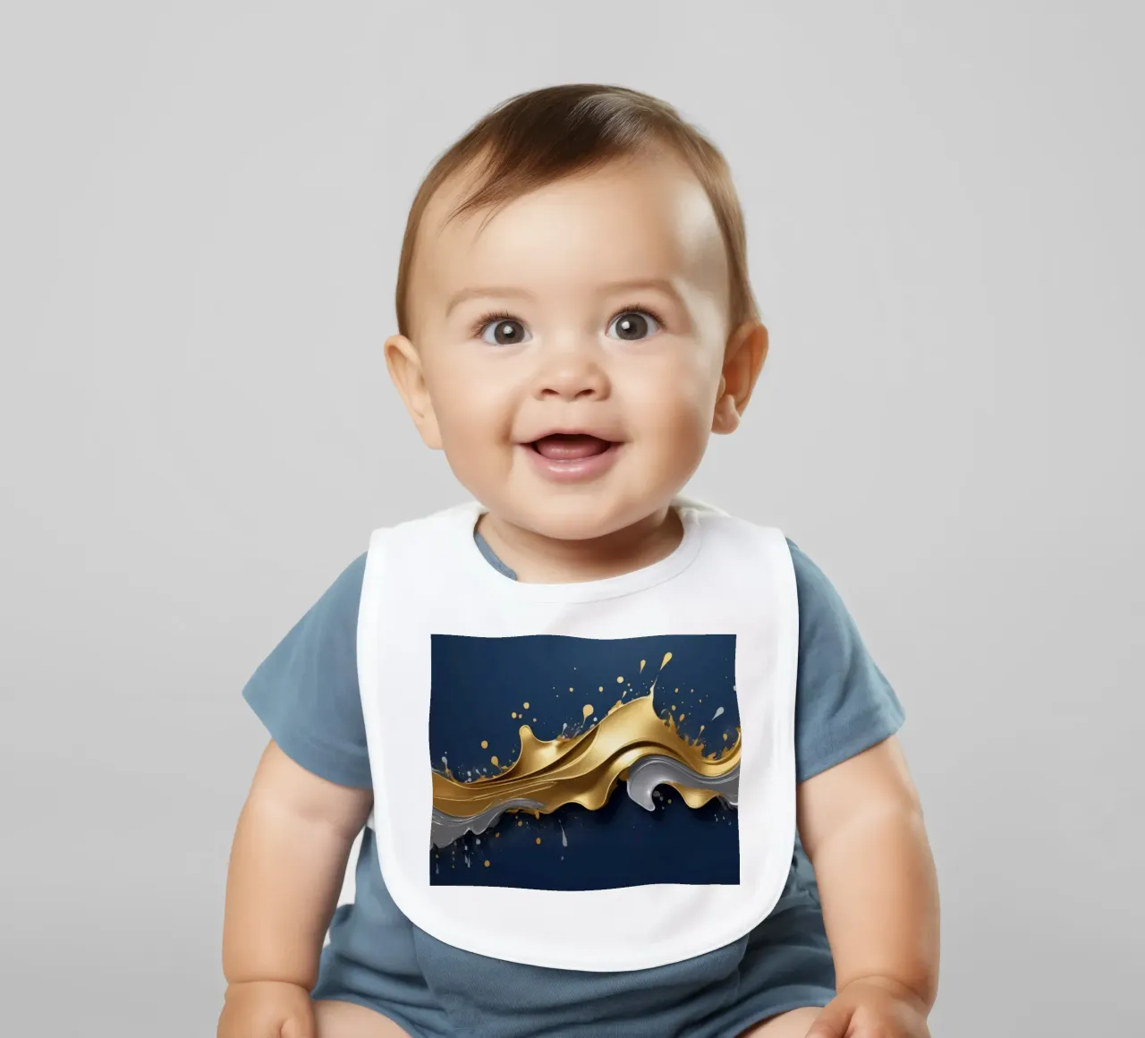 abstract design featuring flowing gold and silver waves baby bib by DesignDoodle