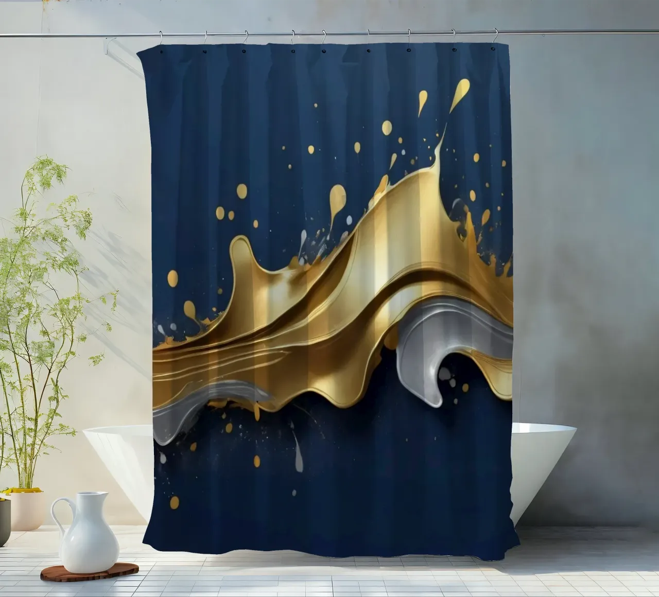 diseño abstracto con ondas doradas y plateadas cortina de baño de DesignDoodle