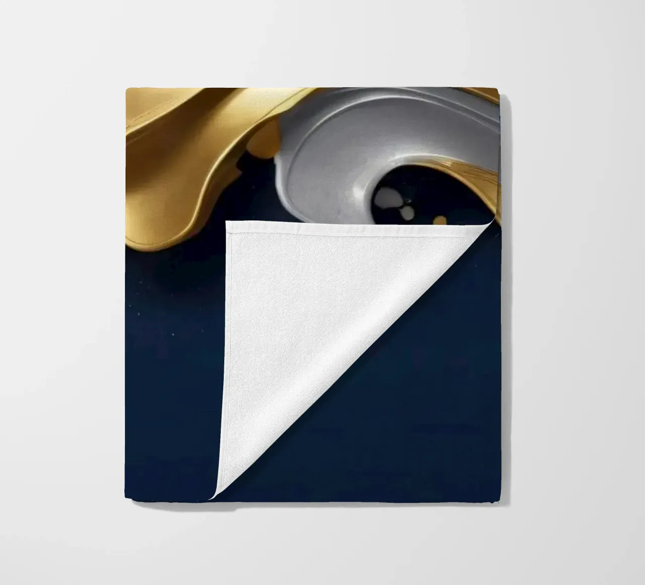abstract design featuring flowing gold and silver waves beach towel by DesignDoodle