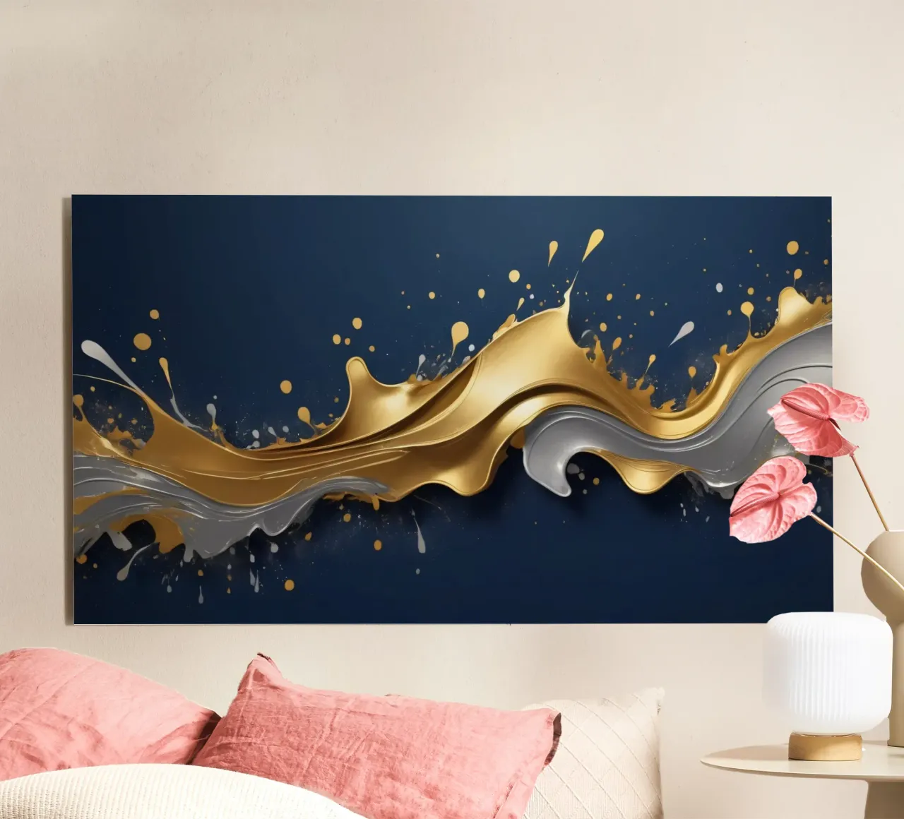 design astratto con onde fluide in oro e argento alluminio dibond da DesignDoodle