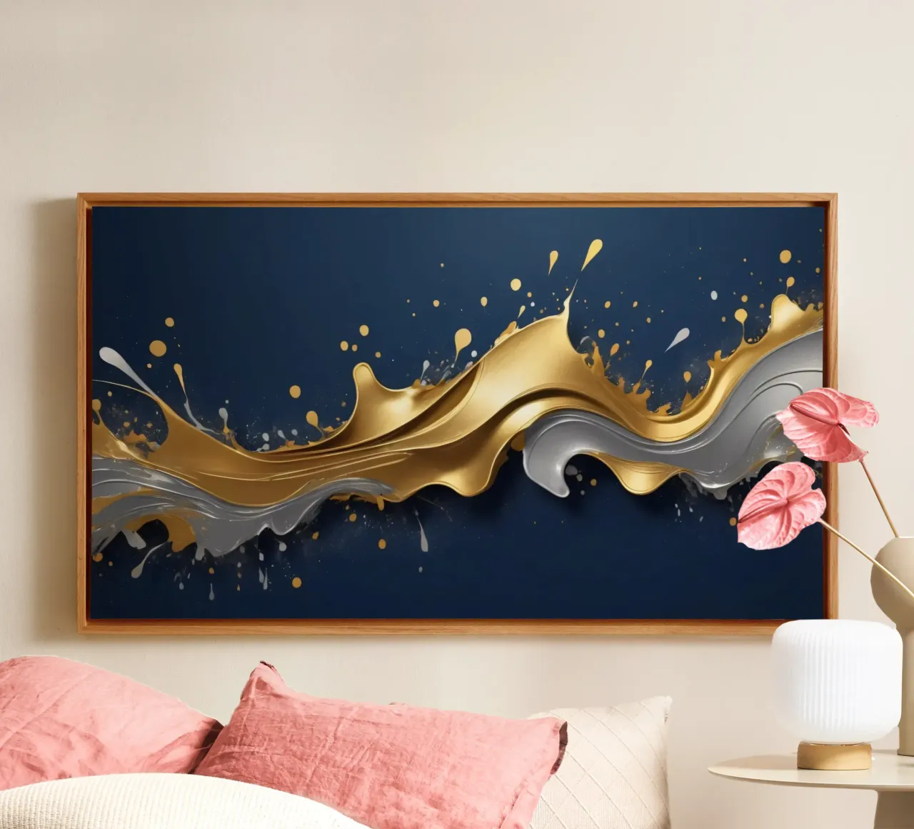 abstraktes Design mit fließenden goldenen und silbernen Wellen Leinwand von DesignDoodle