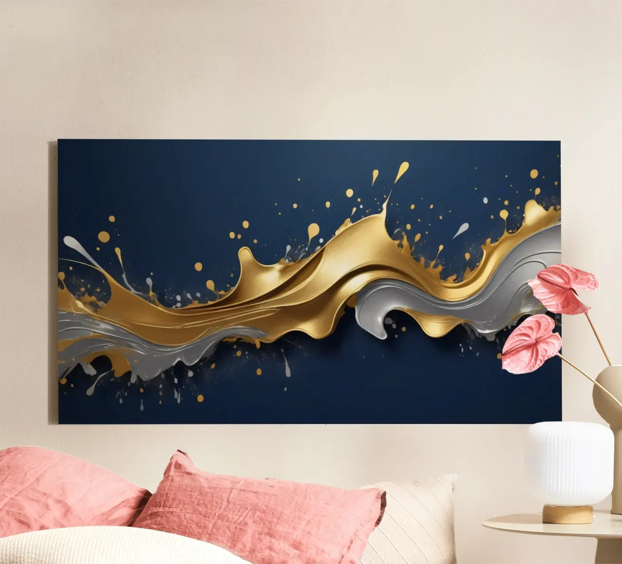 design astratto con onde fluide in oro e argento tela da DesignDoodle
