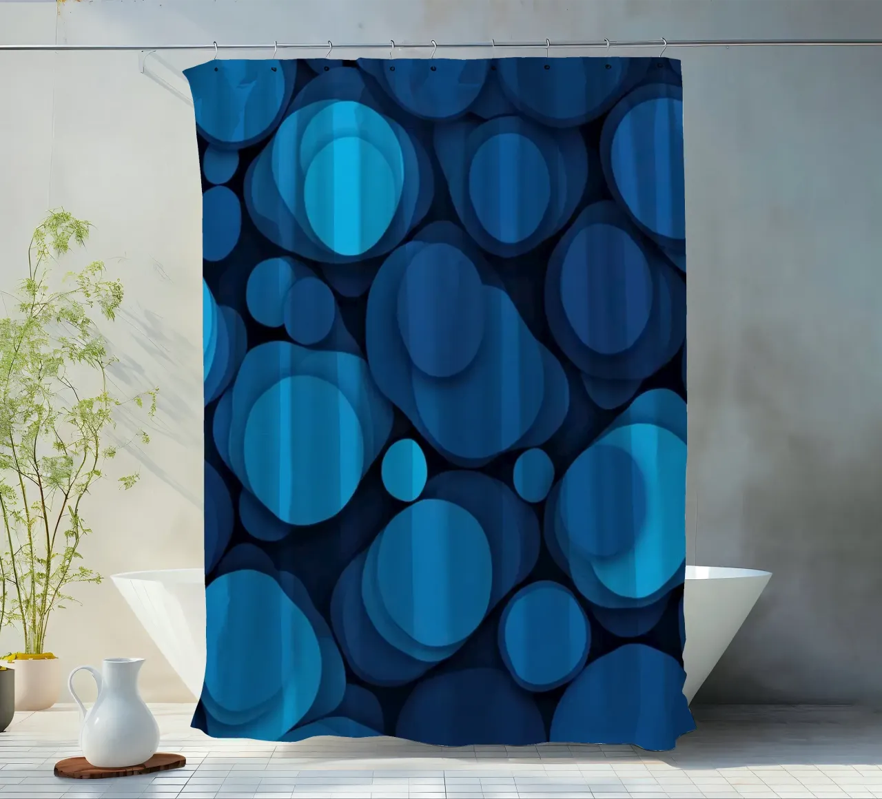 abstract design featuring layered blue circles shower curtain by DesignDoodle