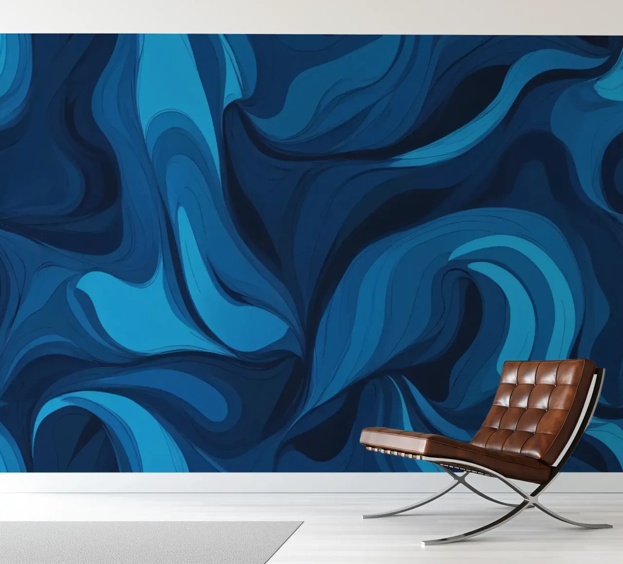 Kühnes abstraktes Tapetendesign mit fließenden blauen Wellen Fototapete von DesignDoodle