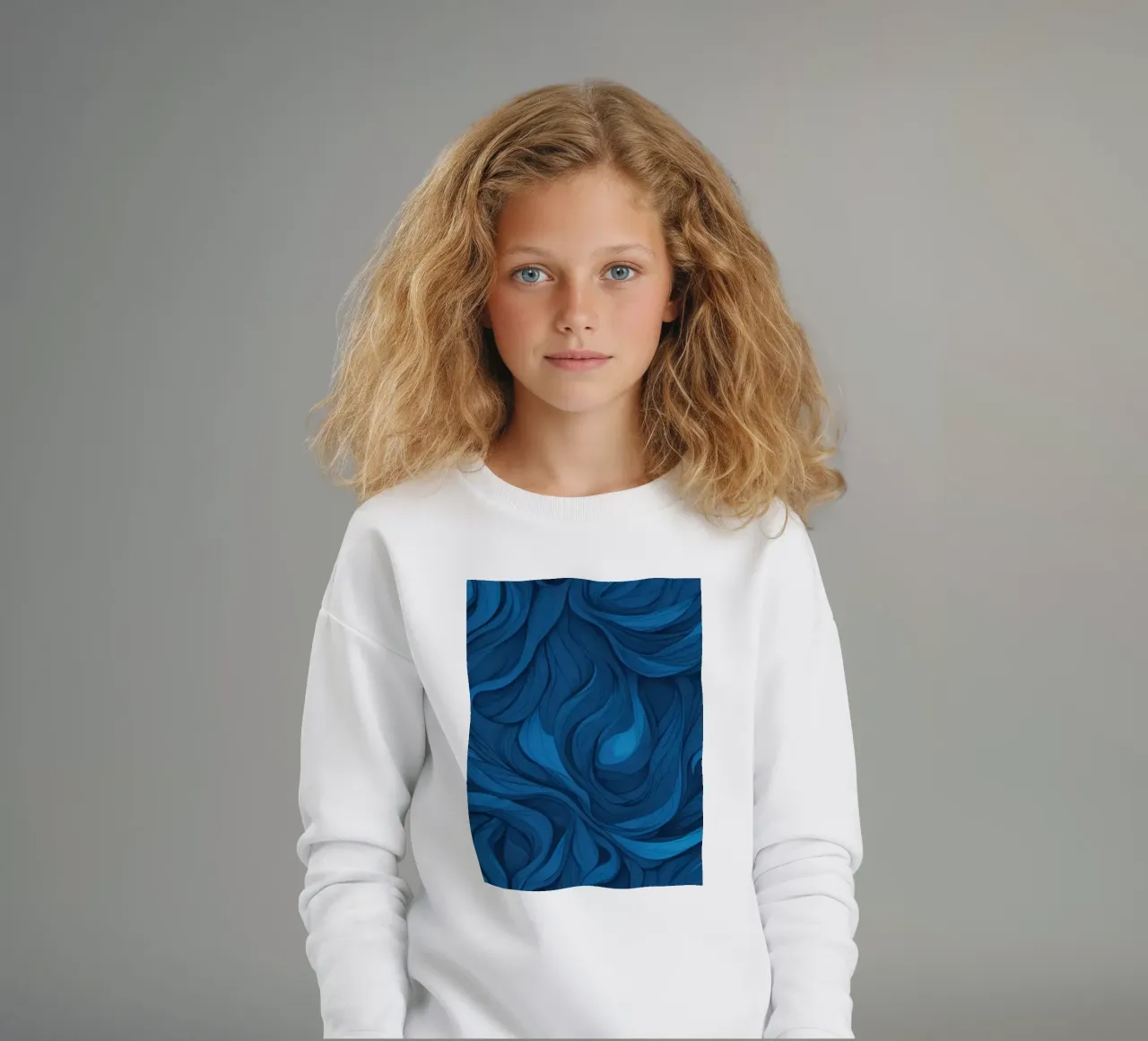 Intricate waves of blue in an abstract background design kids sweatshirt by DesignDoodle