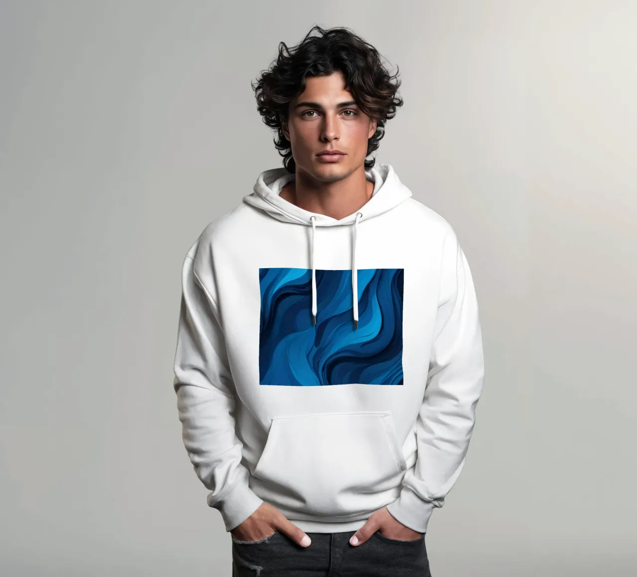 Dynamic blue waves create an abstract background flowing hoodie by DesignDoodle