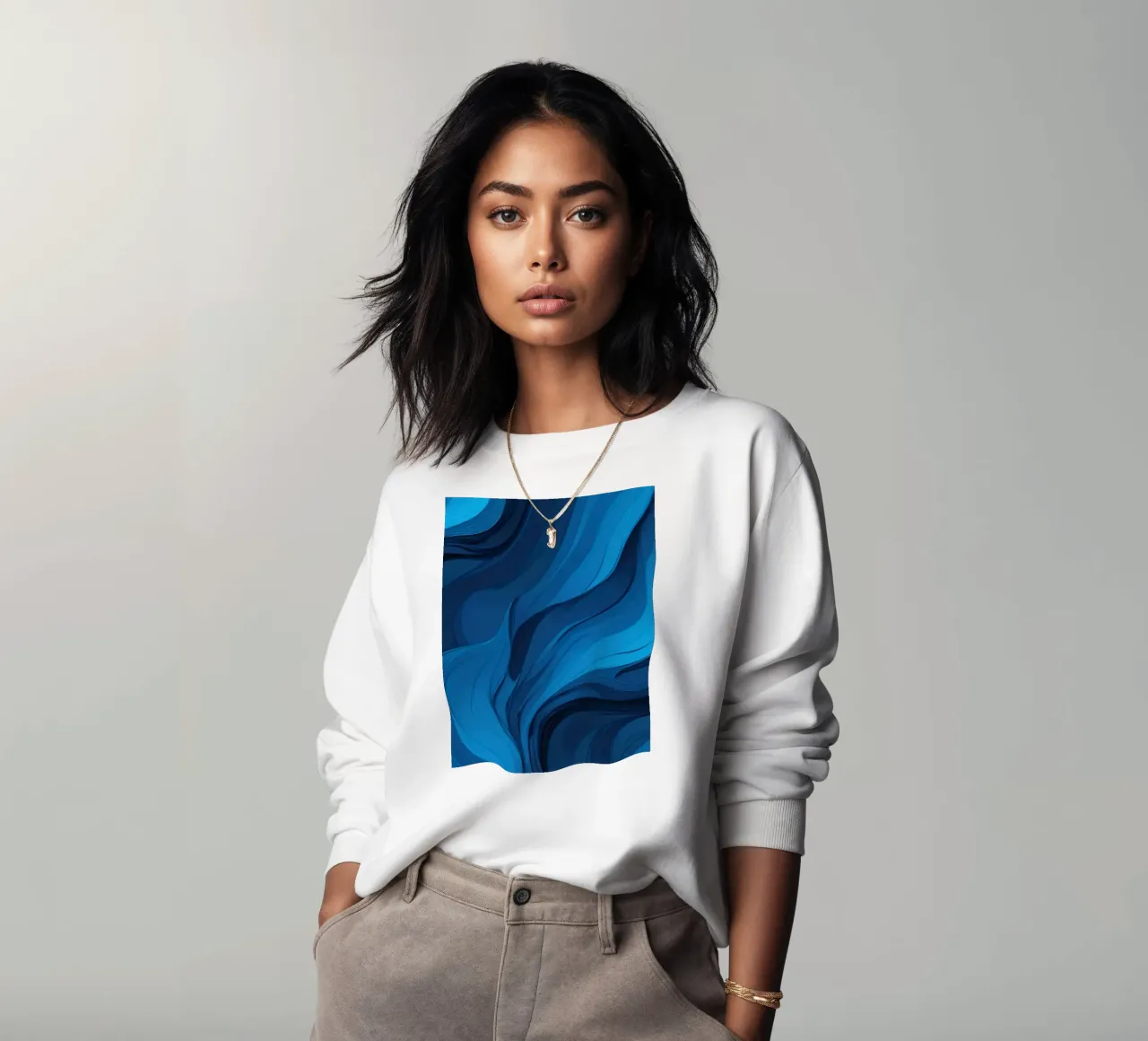 Dynamic blue waves create an abstract background flowing sweatshirt by DesignDoodle