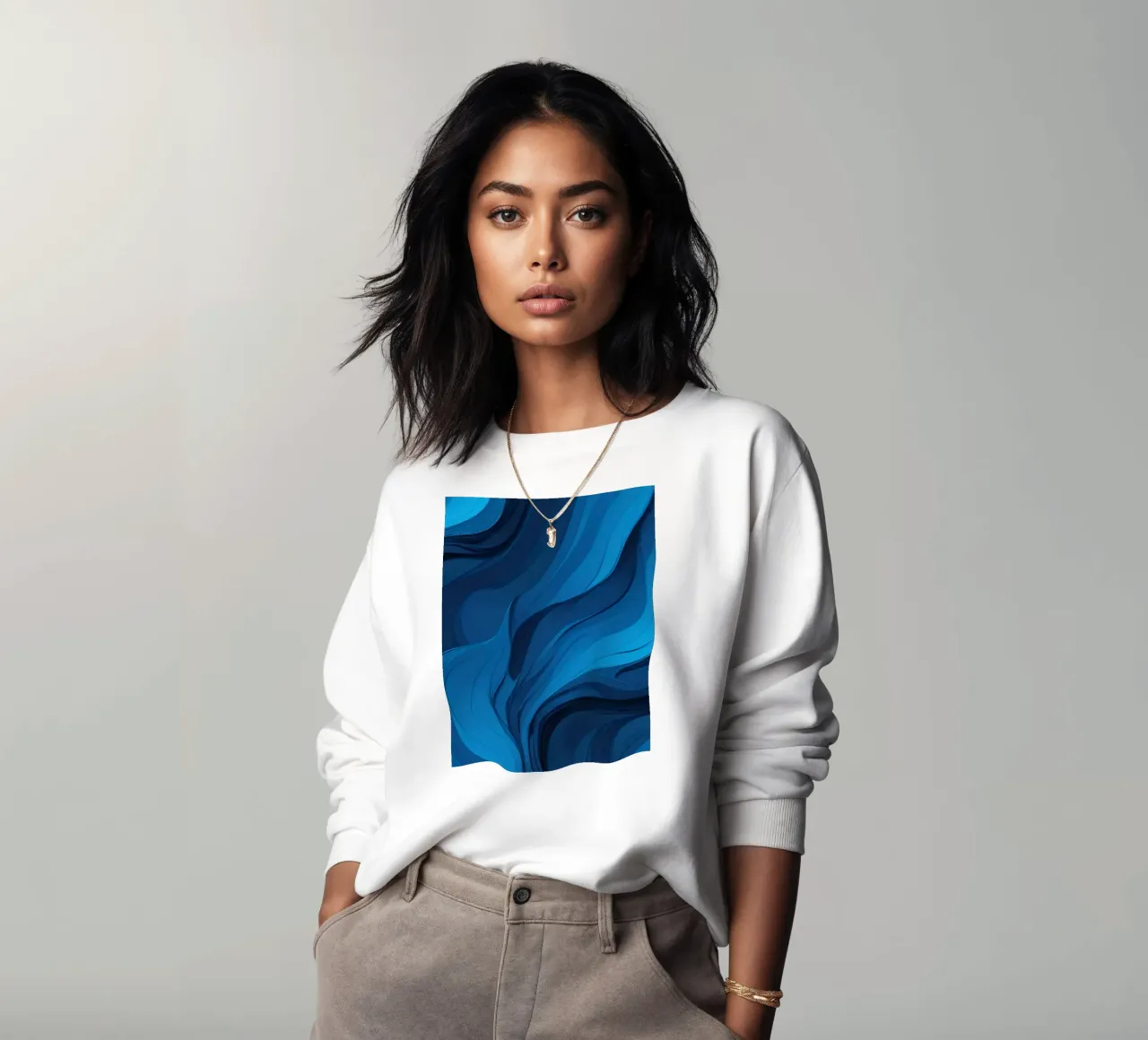 Dynamic blue waves create an abstract background flowing sweatshirt by DesignDoodle