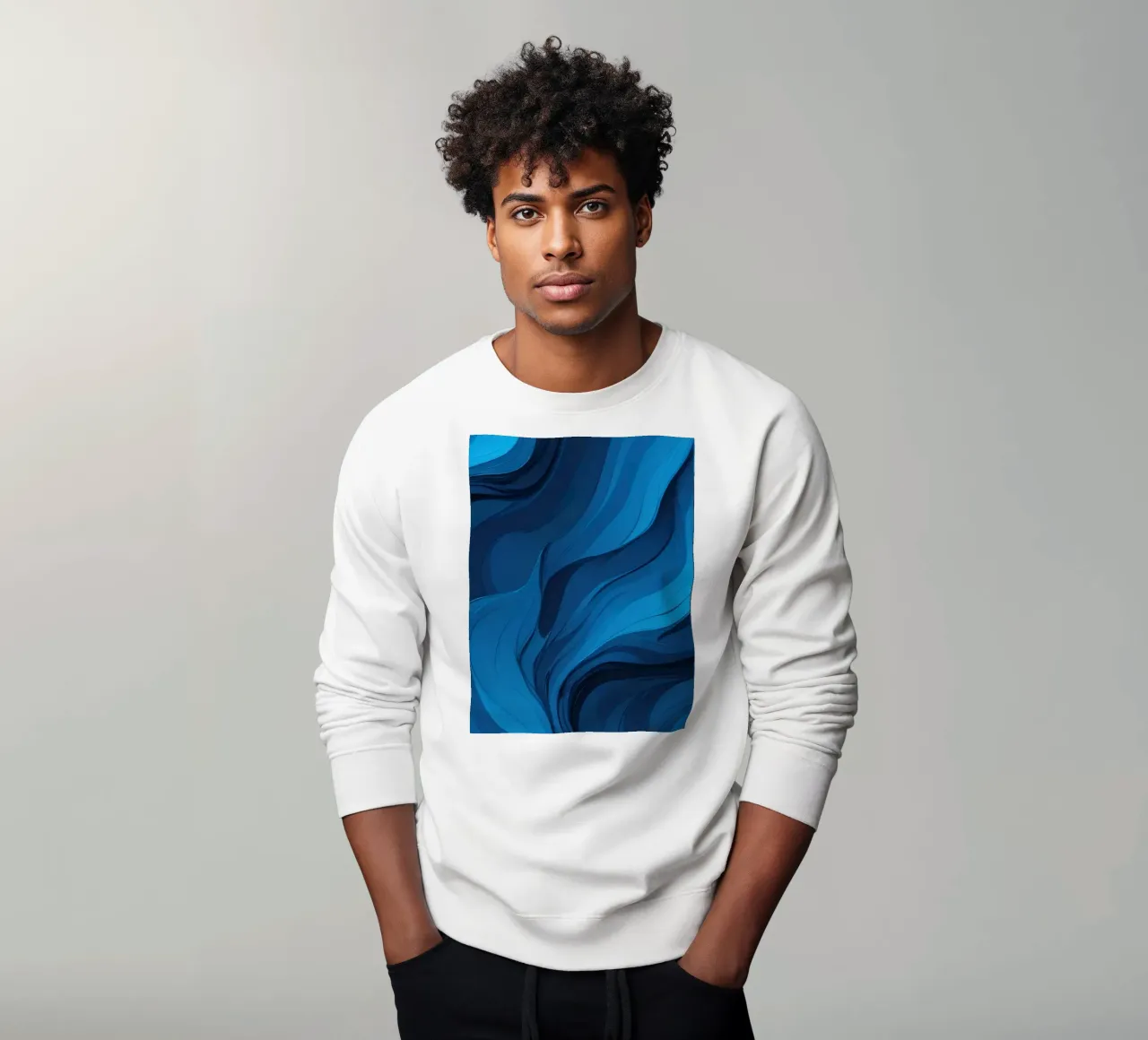 Dynamic blue waves create an abstract background flowing sweatshirt by DesignDoodle