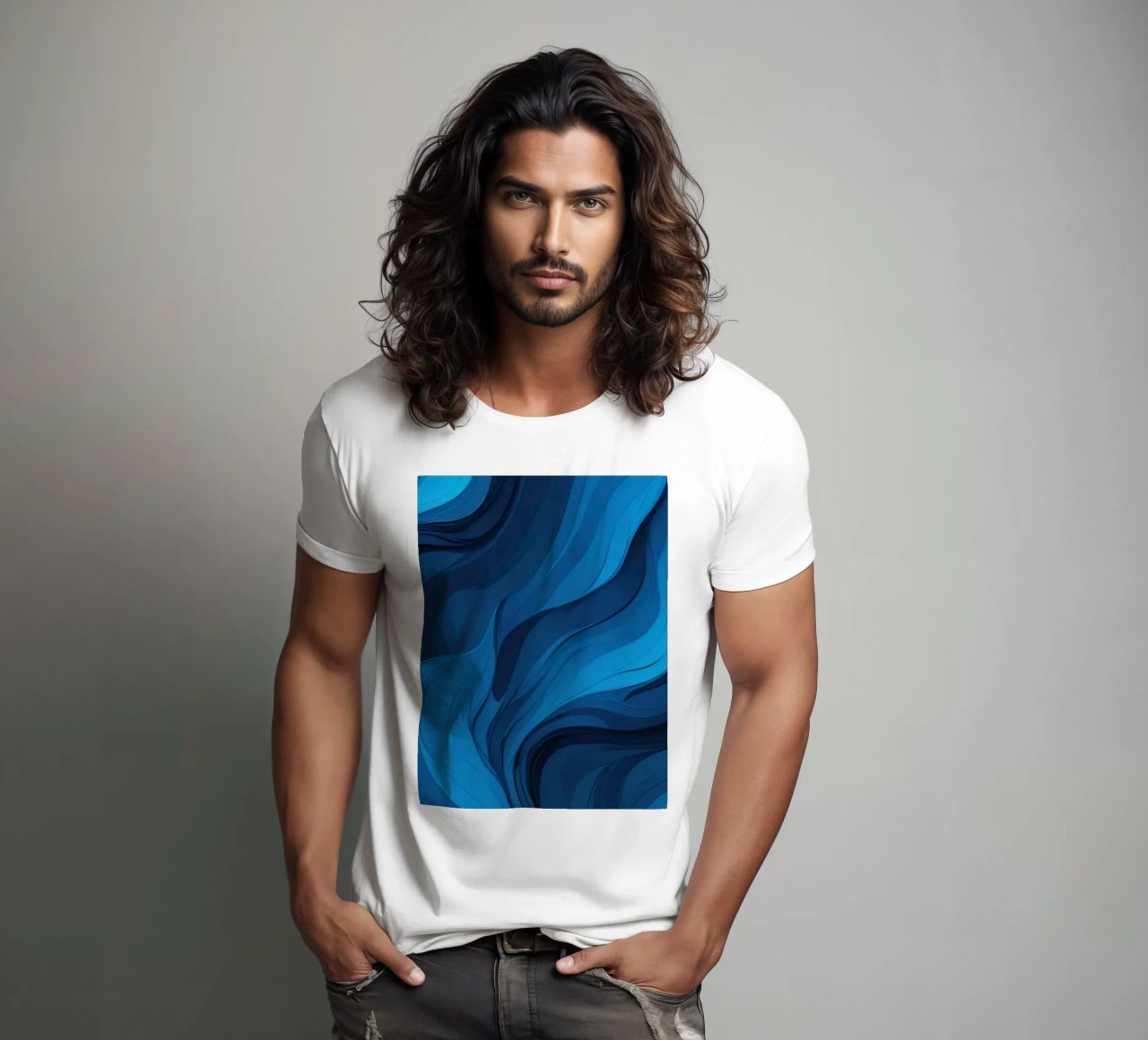 Dynamic blue waves create an abstract background flowing t-shirt by DesignDoodle