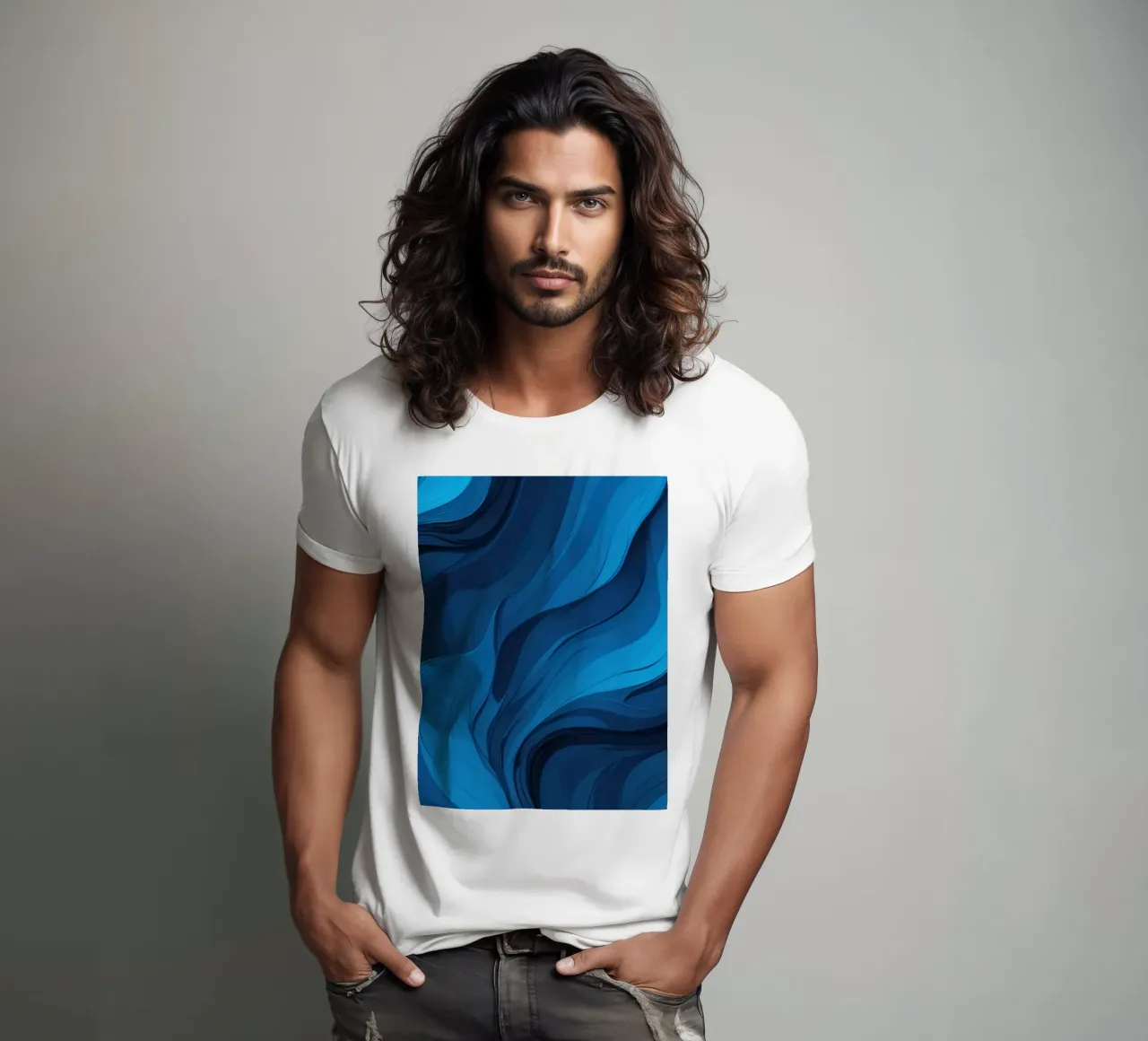 Des vagues bleues dynamiques créent un arrière-plan abstrait qui s'écoule t-shirt de DesignDoodle