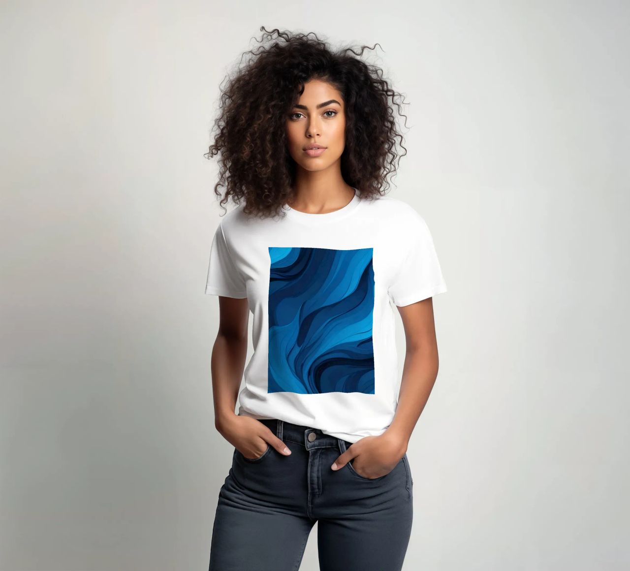 Dynamic blue waves create an abstract background flowing t-shirt by DesignDoodle