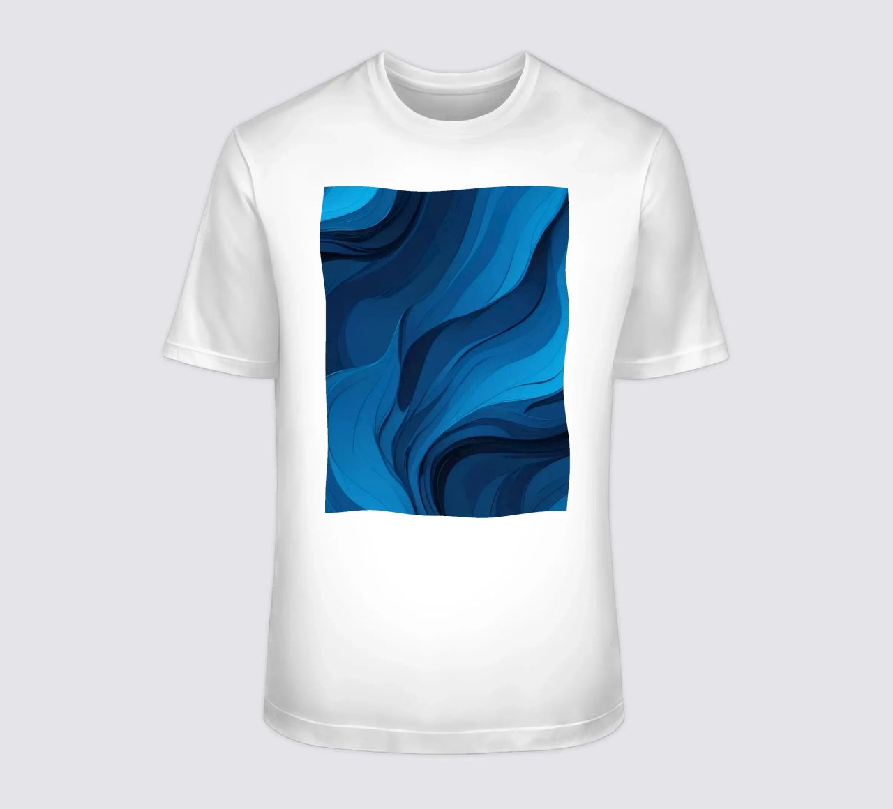 Dynamic blue waves create an abstract background flowing t-shirt by DesignDoodle