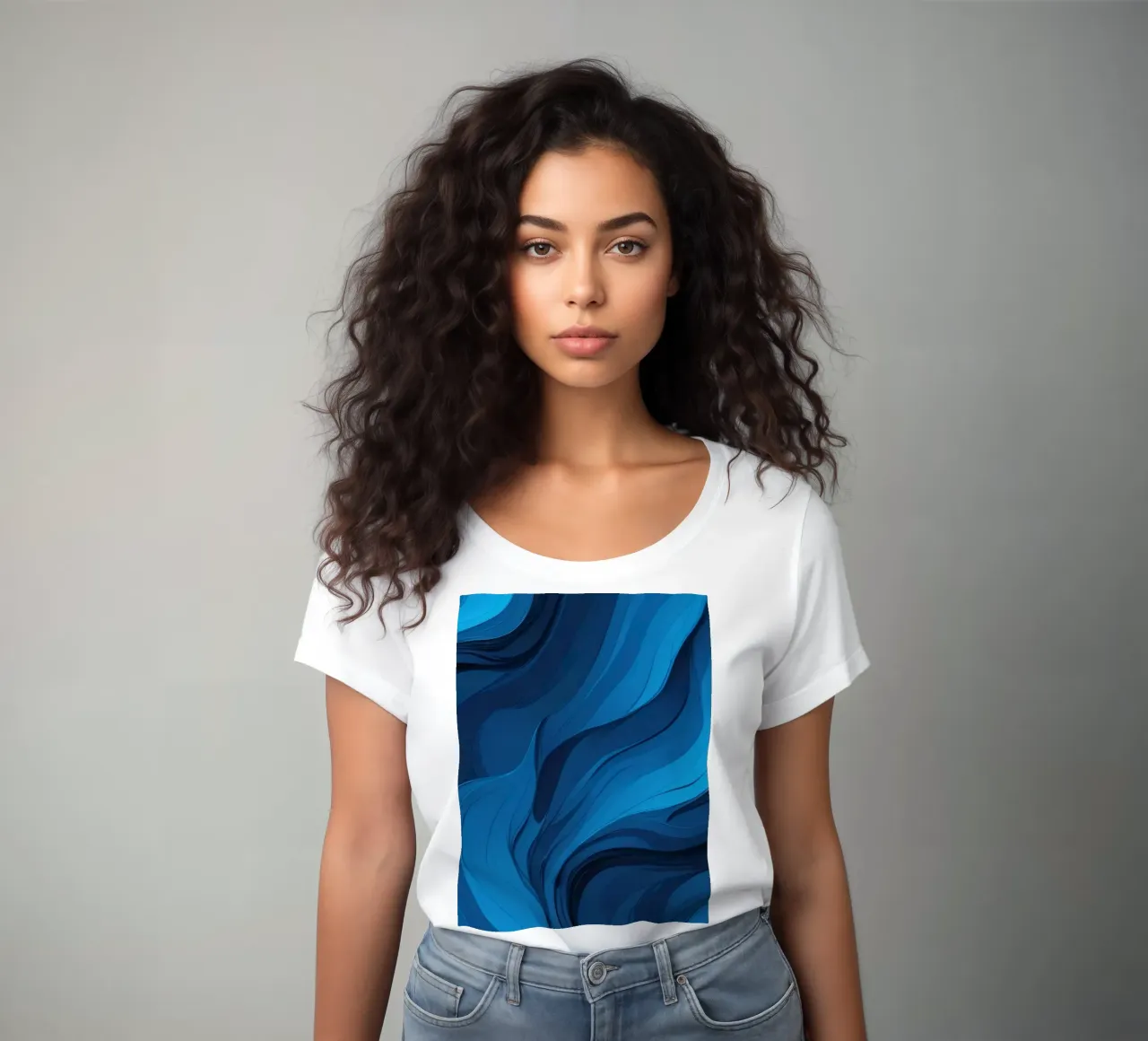 Dynamische blauwe golven creëren een abstracte achtergrond die stroomt dames t-shirt getailleerd van DesignDoodle