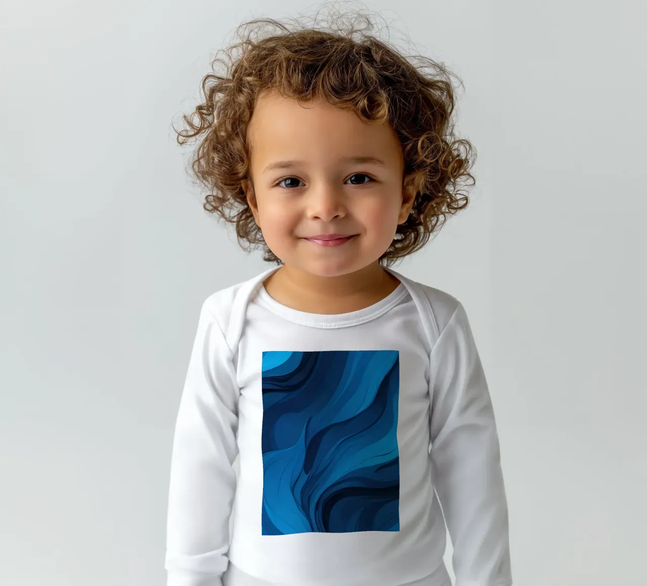Dynamic blue waves create an abstract background flowing long-sleeve baby romper by DesignDoodle