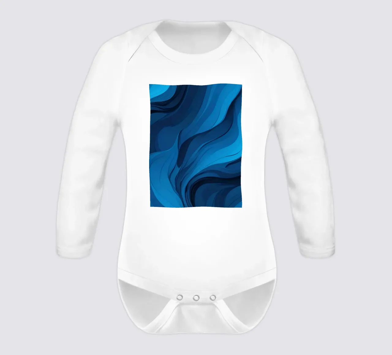 Dynamic blue waves create an abstract background flowing long-sleeve baby romper by DesignDoodle