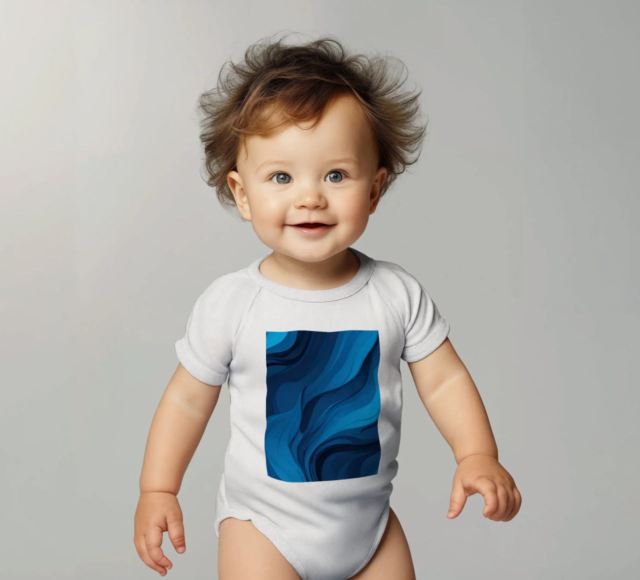 Dynamic blue waves create an abstract background flowing short-sleeve baby romper by DesignDoodle