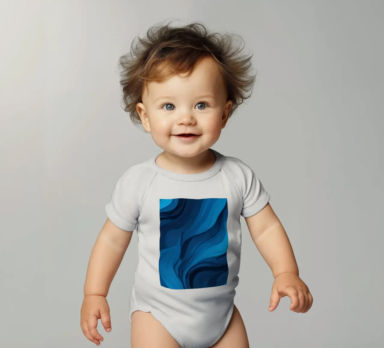 Dynamic blue waves create an abstract background flowing short-sleeve baby romper by DesignDoodle