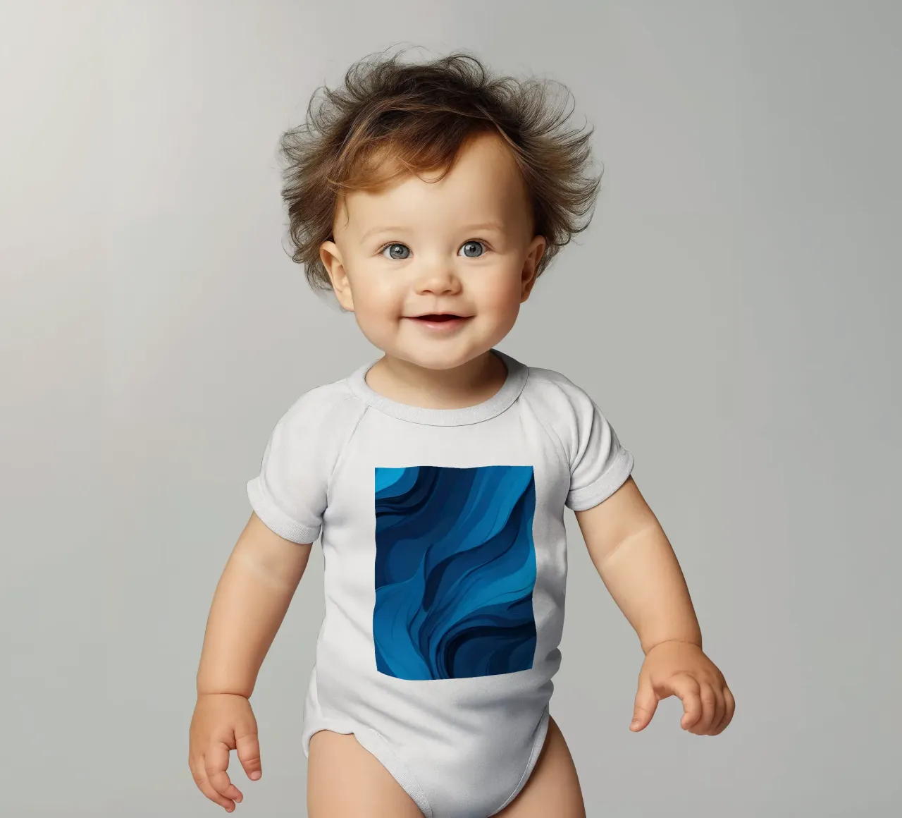 Des vagues bleues dynamiques créent un arrière-plan abstrait qui s'écoule body bébé de DesignDoodle