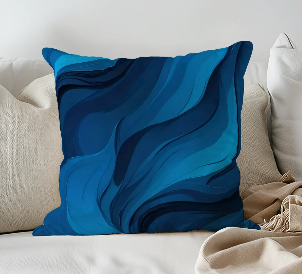 Dynamic blue waves create an abstract background flowing decorative cushion by DesignDoodle