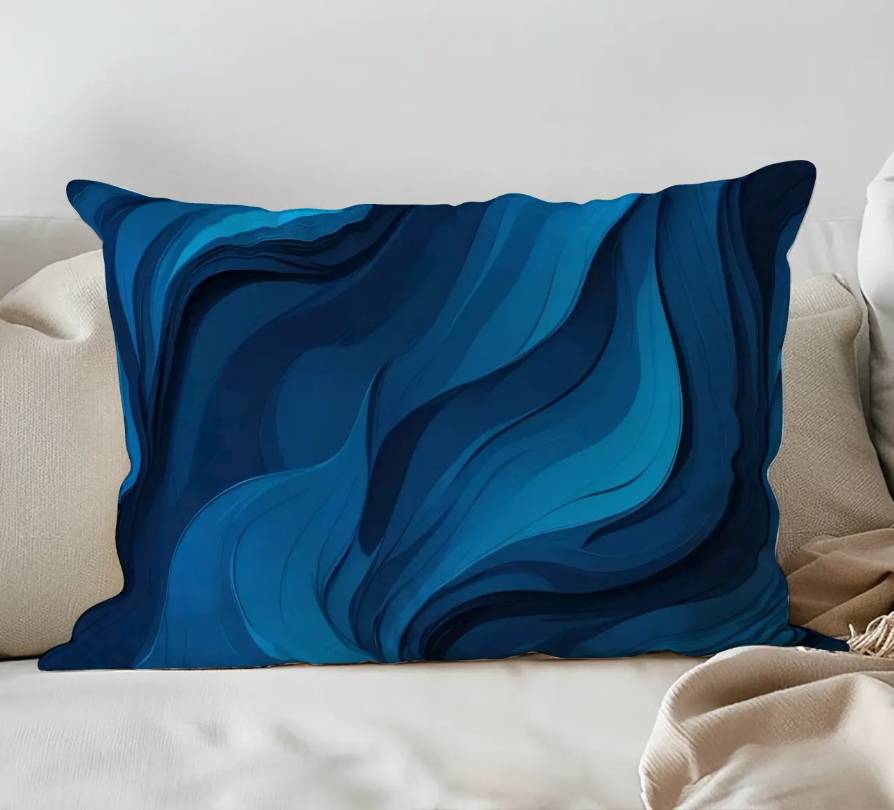 Dynamic blue waves create an abstract background flowing decorative cushion by DesignDoodle