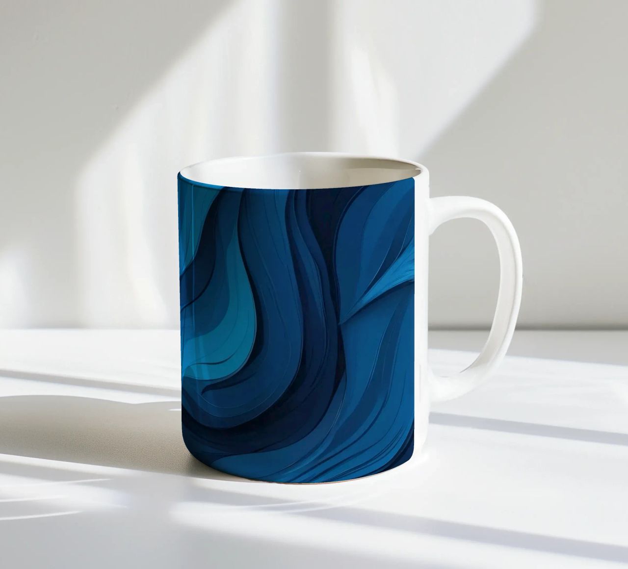 Dynamic blue waves create an abstract background flowing ceramic mug by DesignDoodle