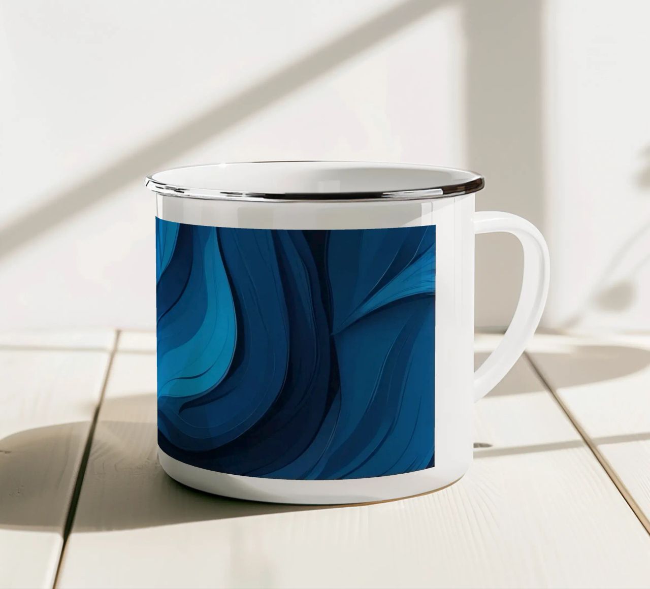 Dynamic blue waves create an abstract background flowing enamel mug by DesignDoodle