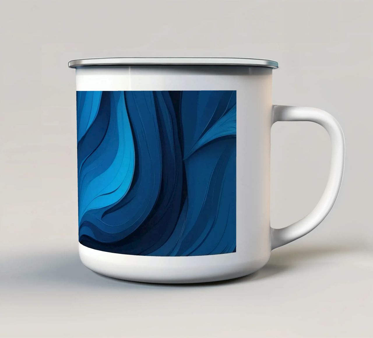 Dynamic blue waves create an abstract background flowing enamel mug by DesignDoodle