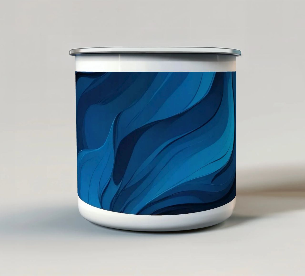 Dynamic blue waves create an abstract background flowing enamel mug by DesignDoodle