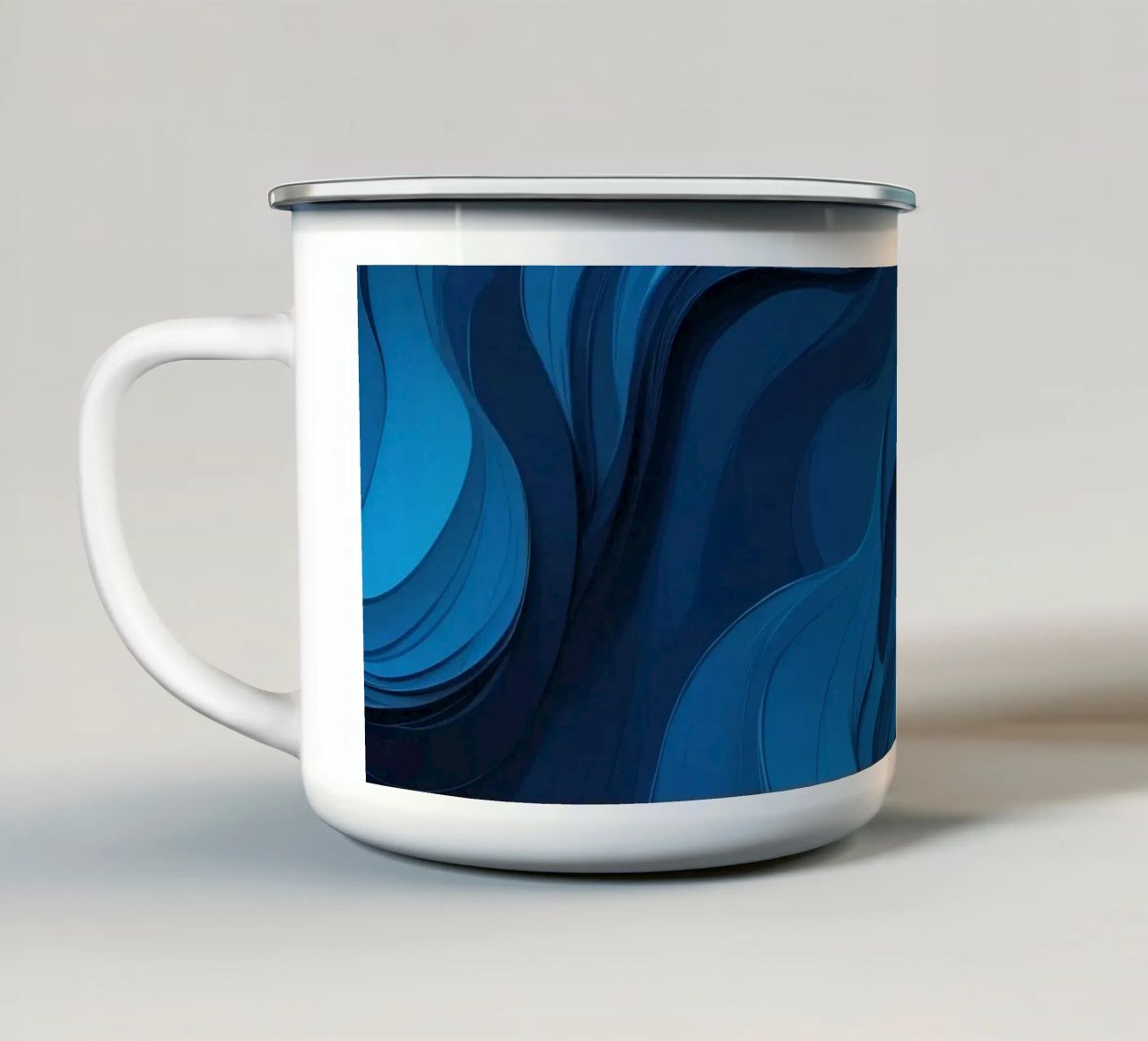 Dynamic blue waves create an abstract background flowing enamel mug by DesignDoodle