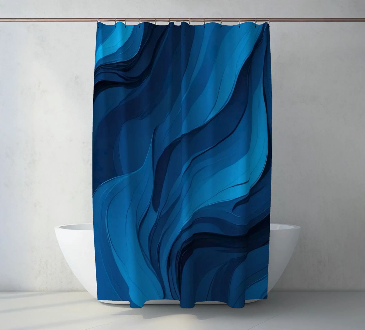 Dynamic blue waves create an abstract background flowing shower curtain by DesignDoodle