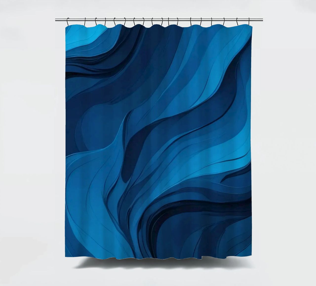 Dynamic blue waves create an abstract background flowing shower curtain by DesignDoodle