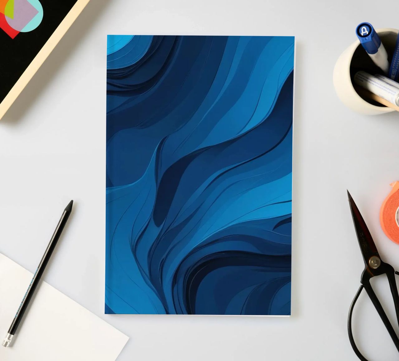 Dynamic blue waves create an abstract background flowing notebook by DesignDoodle