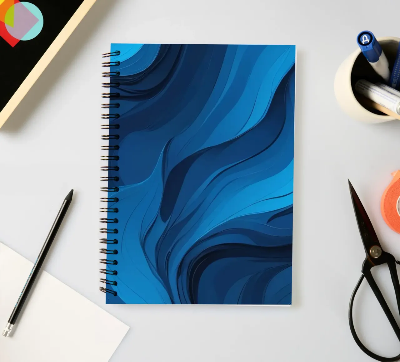 Dynamic blue waves create an abstract background flowing spiral notebook by DesignDoodle
