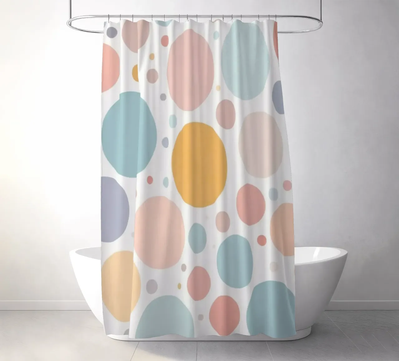 abstract design with pastel colored circles and dots shower curtain by DesignDoodle