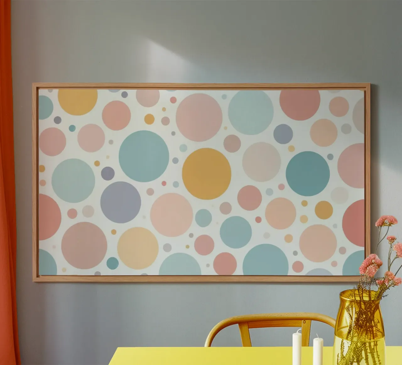 abstract design with pastel colored circles and dots alu-dibond by DesignDoodle