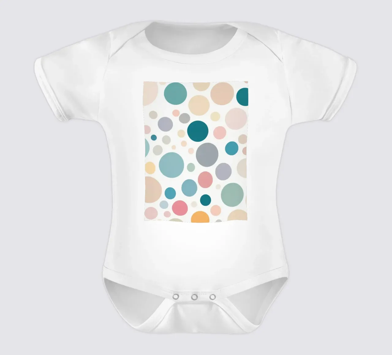 circles create a lively wallpaper design featuring soft tone short-sleeve baby romper by DesignDoodle