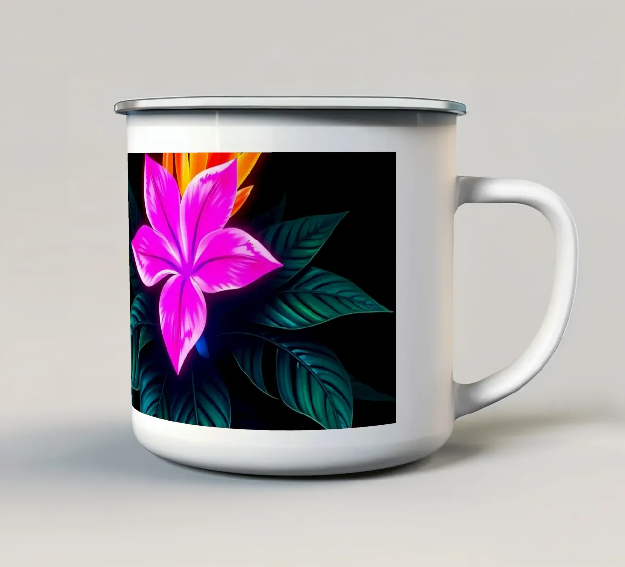 Il design floreale è caratterizzato da fiori luminosi e foglie verdi. tazza in smalto da DesignDoodle