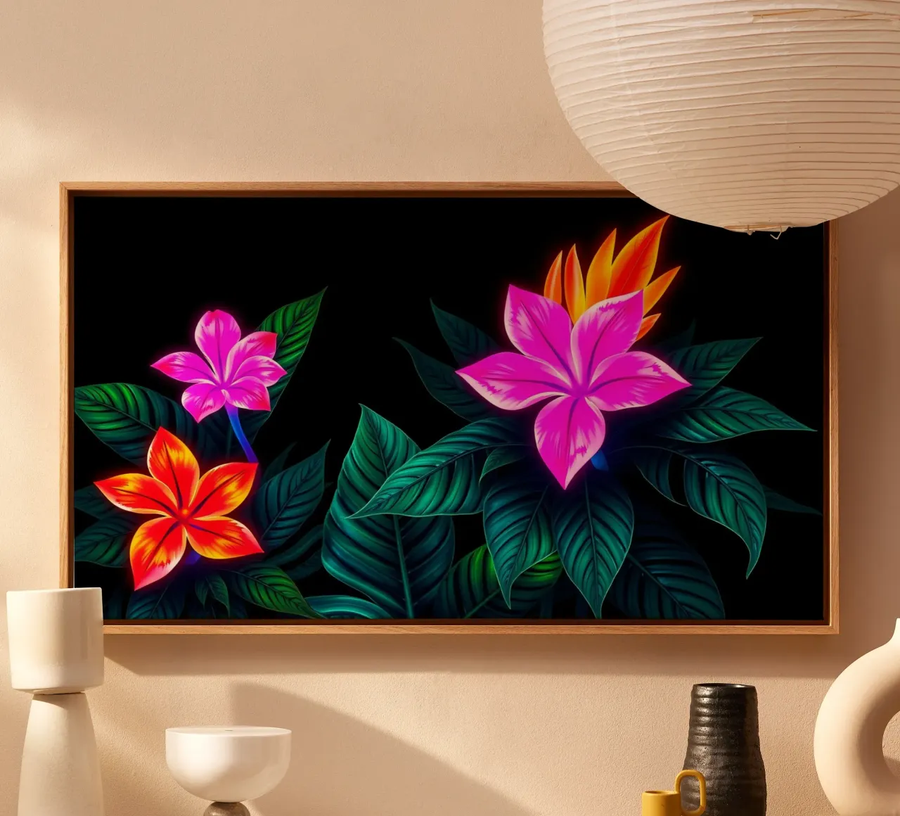 bloemmotief met heldere bloesems en weelderige groene bladeren canvas met Baklijst van DesignDoodle