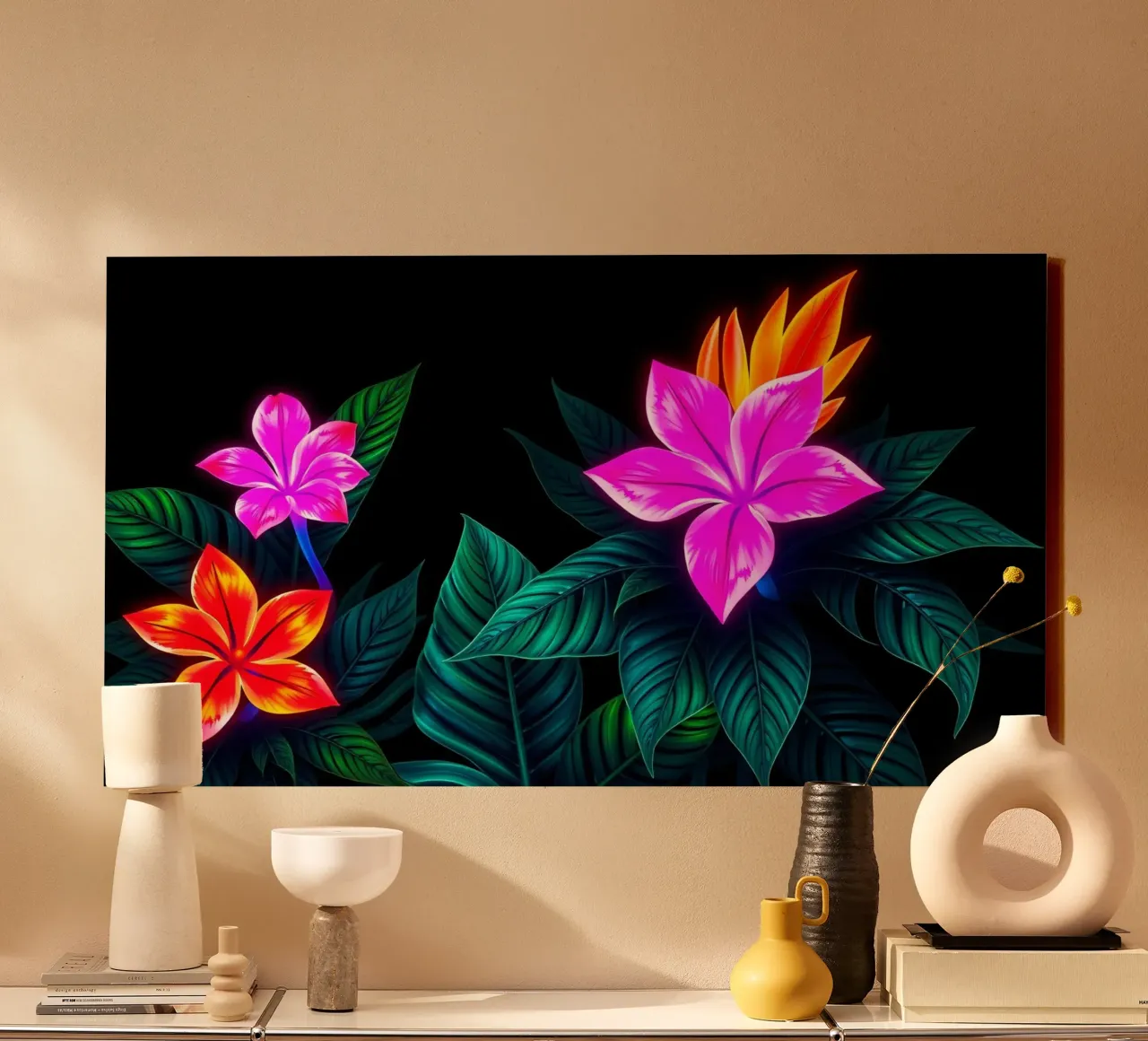 bloemmotief met heldere bloesems en weelderige groene bladeren canvas met Baklijst van DesignDoodle