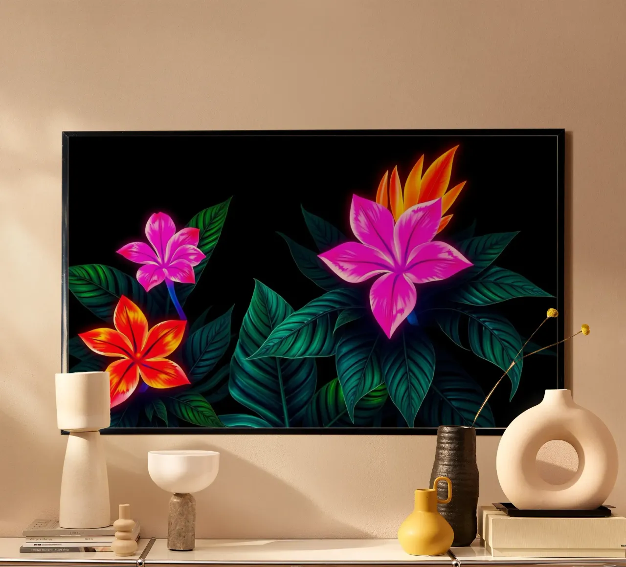 Il design floreale è caratterizzato da fiori luminosi e foglie verdi. poster con telaio in plastica da DesignDoodle