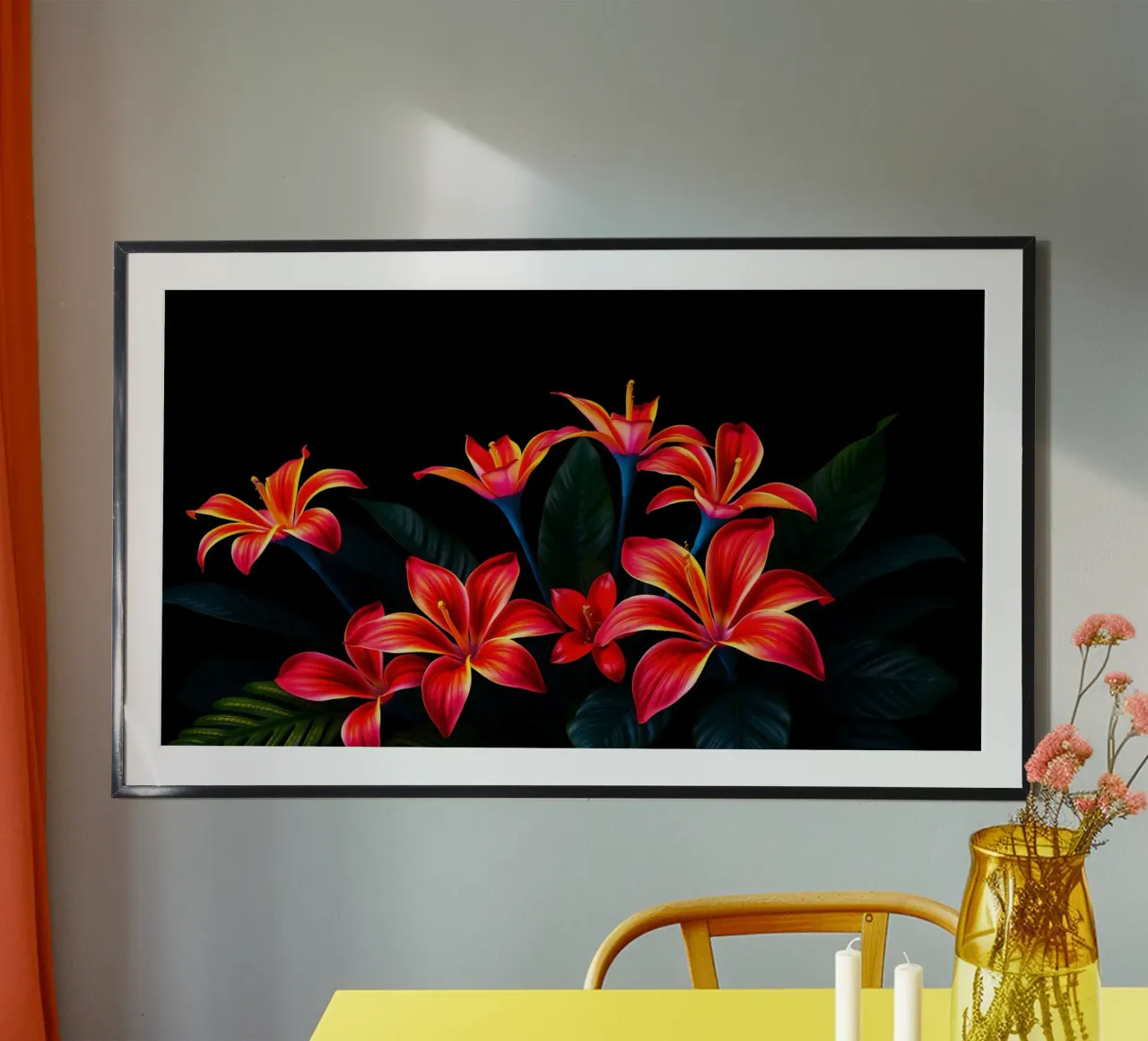 composizione floreale rossa e arancione poster con telaio in plastica da DesignDoodle